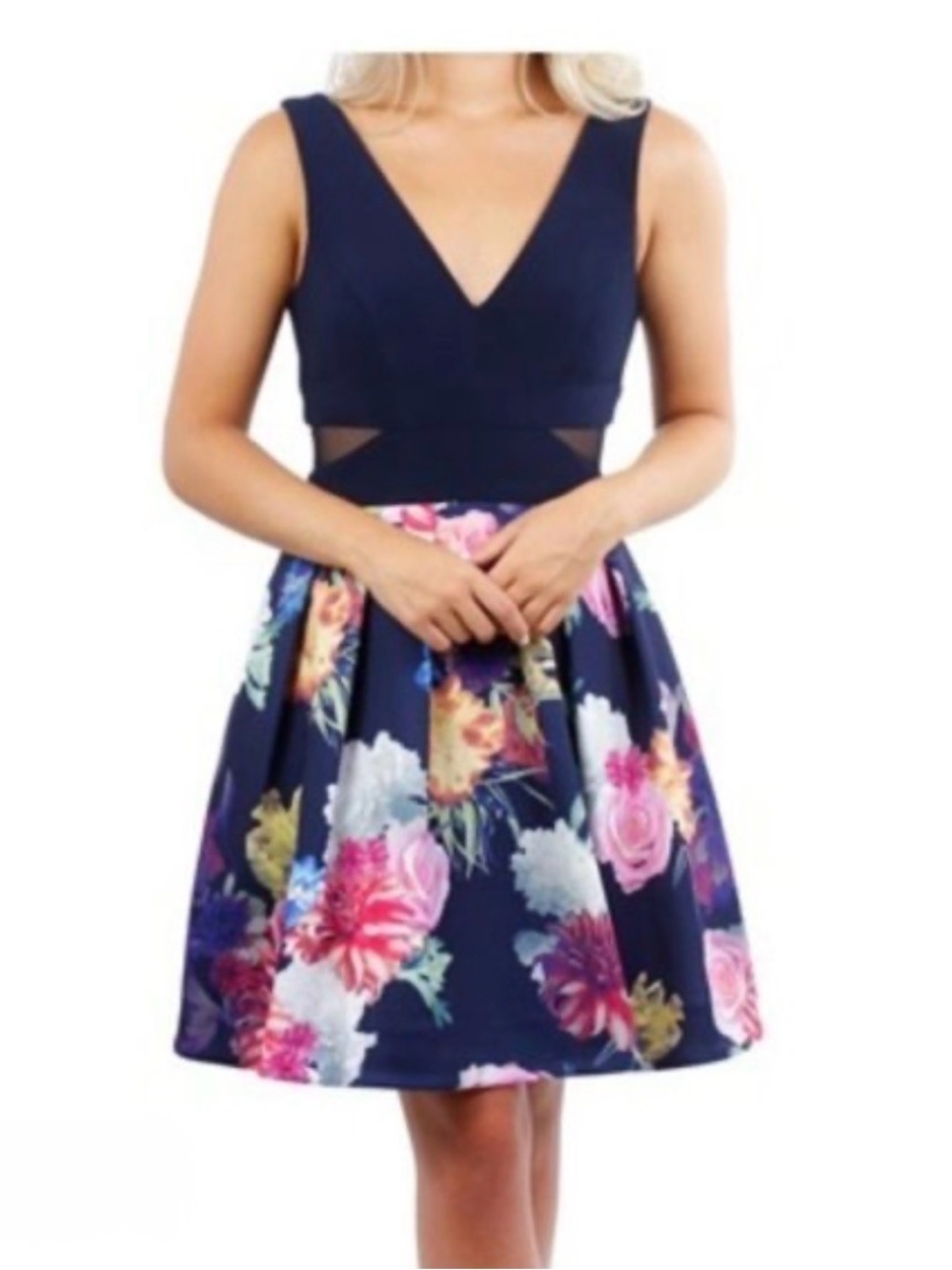 Xscape Navy V-Neck Floral Fit-and-Flare Mini Dress